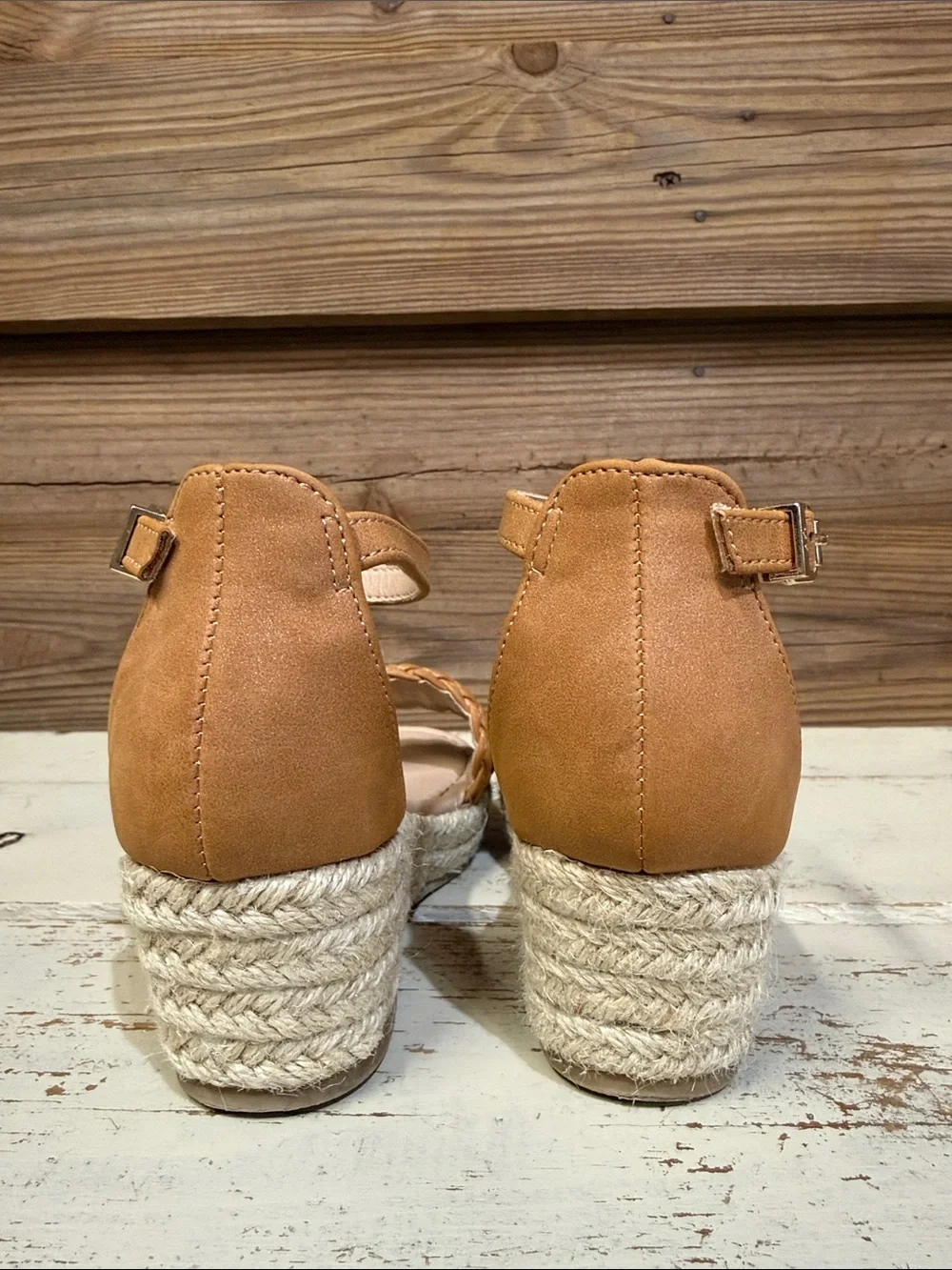 Marc Fisher Tan Woven Espadrille Wedge Sandal with Ankle Strap